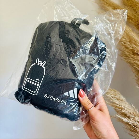 NEW ADIDAS Black White AG Packable Fold Up Backpack Zip Travel Pouch Bag Carryon - Picture 2 of 14